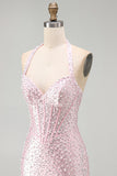 Pink Bodycon Halter Pearls Backless Corset Short Homecoming Dress with Beading