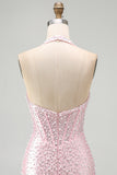 Pink Bodycon Halter Pearls Backless Corset Short Homecoming Dress with Beading