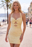 Bodycon Halter Neck Cut Out Pearls Yellow Homecoming Dress with Beading