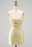 Bodycon Halter Neck Cut Out Pearls Yellow Homecoming Dress with Beading