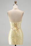 Bodycon Halter Neck Cut Out Pearls Yellow Homecoming Dress with Beading