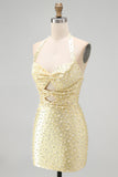 Bodycon Halter Neck Cut Out Pearls Yellow Homecoming Dress with Beading