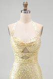 Bodycon Halter Neck Cut Out Pearls Yellow Homecoming Dress with Beading