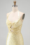 Bodycon Halter Neck Cut Out Pearls Yellow Homecoming Dress with Beading