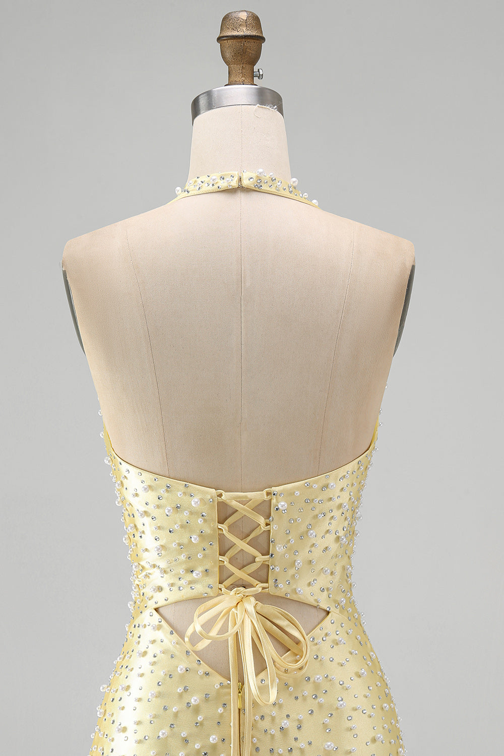 ZAPAKA Women Yellow Homecoming Dress with Beading Bodycon Cut Out Pearls Halter Neck Cocktail Party Dress