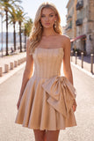 Yellow Sweetheart A-Line Pearls Corset Homecoming Dress with Bow