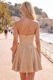 Yellow Sweetheart A-Line Pearls Corset Homecoming Dress with Bow