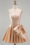 Champagne Corset Beaded Pearls A-Line Strapless Homecoming Dress with Bow
