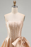 Champagne Corset Beaded Pearls A-Line Strapless Homecoming Dress with Bow