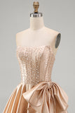 Champagne Corset Beaded Pearls A-Line Strapless Homecoming Dress with Bow