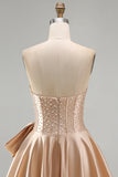 Champagne Corset Beaded Pearls A-Line Strapless Homecoming Dress with Bow