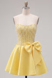 Yellow Sweetheart A-Line Pearls Corset Homecoming Dress with Bow