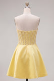 Yellow Sweetheart A-Line Pearls Corset Homecoming Dress with Bow