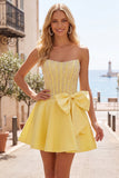 Yellow Sweetheart A-Line Pearls Corset Homecoming Dress with Bow