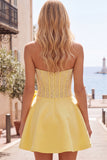 Yellow Sweetheart A-Line Pearls Corset Homecoming Dress with Bow