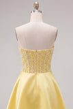 Yellow Sweetheart A-Line Pearls Corset Homecoming Dress with Bow