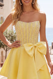 Yellow Sweetheart A-Line Pearls Corset Homecoming Dress with Bow