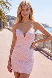 Pink Bodycon Spaghetti Straps Pearls Beaded Short Homecoming Dress