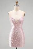 Pink Bodycon Spaghetti Straps Pearls Beaded Short Homecoming Dress