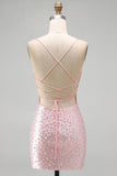 Pink Bodycon Spaghetti Straps Pearls Beaded Short Homecoming Dress