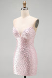 Pink Bodycon Spaghetti Straps Pearls Beaded Short Homecoming Dress