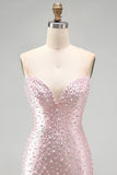 Pink Bodycon Spaghetti Straps Pearls Beaded Short Homecoming Dress