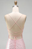 Pink Bodycon Spaghetti Straps Pearls Beaded Short Homecoming Dress
