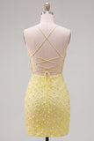 Yellow Pearls Spaghetti Straps Tight Homecoming Dress with Lace Up Back