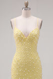 Yellow Pearls Spaghetti Straps Tight Homecoming Dress with Lace Up Back