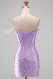 Yellow Bodycon Off the Shoulder Pearls Corset Short Homecoming Dress with Beading