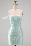 Yellow Bodycon Off the Shoulder Pearls Corset Short Homecoming Dress with Beading