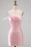 Yellow Bodycon Off the Shoulder Pearls Corset Short Homecoming Dress with Beading