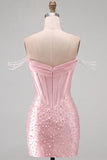 Yellow Bodycon Off the Shoulder Pearls Corset Short Homecoming Dress with Beading