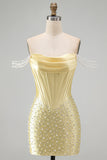 Yellow Bodycon Off the Shoulder Pearls Corset Short Homecoming Dress with Beading