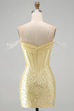 Yellow Bodycon Off the Shoulder Pearls Corset Short Homecoming Dress with Beading