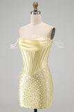Yellow Bodycon Off the Shoulder Pearls Corset Short Homecoming Dress with Beading