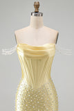 Yellow Bodycon Off the Shoulder Pearls Corset Short Homecoming Dress with Beading