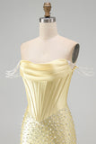 Yellow Bodycon Off the Shoulder Pearls Corset Short Homecoming Dress with Beading