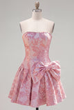 Strapless Purple A-Line Pearls Jacquard Homecoming Dress with Bow