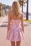 Strapless Purple A-Line Pearls Jacquard Homecoming Dress with Bow