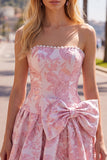 Strapless Purple A-Line Pearls Jacquard Homecoming Dress with Bow