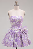 Strapless Purple A-Line Pearls Jacquard Homecoming Dress with Bow