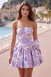 Strapless Purple A-Line Pearls Jacquard Homecoming Dress with Bow