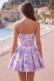 Strapless Purple A-Line Pearls Jacquard Homecoming Dress with Bow