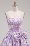 Strapless Purple A-Line Pearls Jacquard Homecoming Dress with Bow