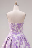 Strapless Purple A-Line Pearls Jacquard Homecoming Dress with Bow