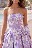 Strapless Purple A-Line Pearls Jacquard Homecoming Dress with Bow