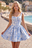 A-Line Blue Pearls Jacquard Square Neck Corset Homecoming Dress