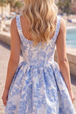 A-Line Blue Pearls Jacquard Square Neck Corset Homecoming Dress