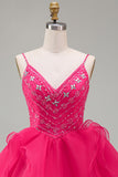 A-Line Hot Pink Rhinestone Ruffle Short Homecoming Dress with Beading